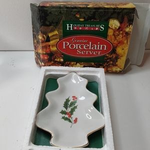 Holiday/PineTree Shaped Vintage  Dish Holly Berry Accent Gold Trim Christmas